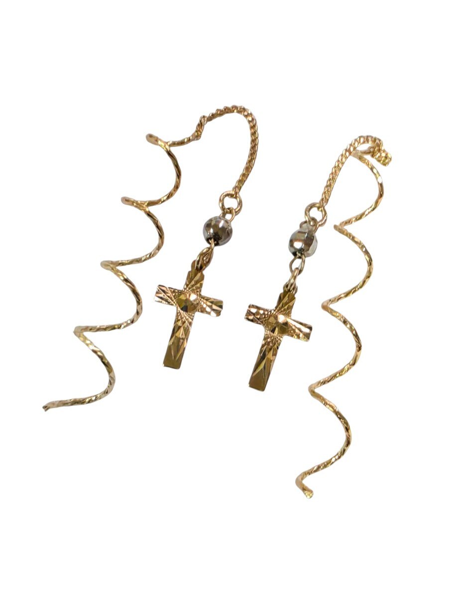 Aretes largos largos cruz de chapa de oro 14 k con acabado chapa de oro 2