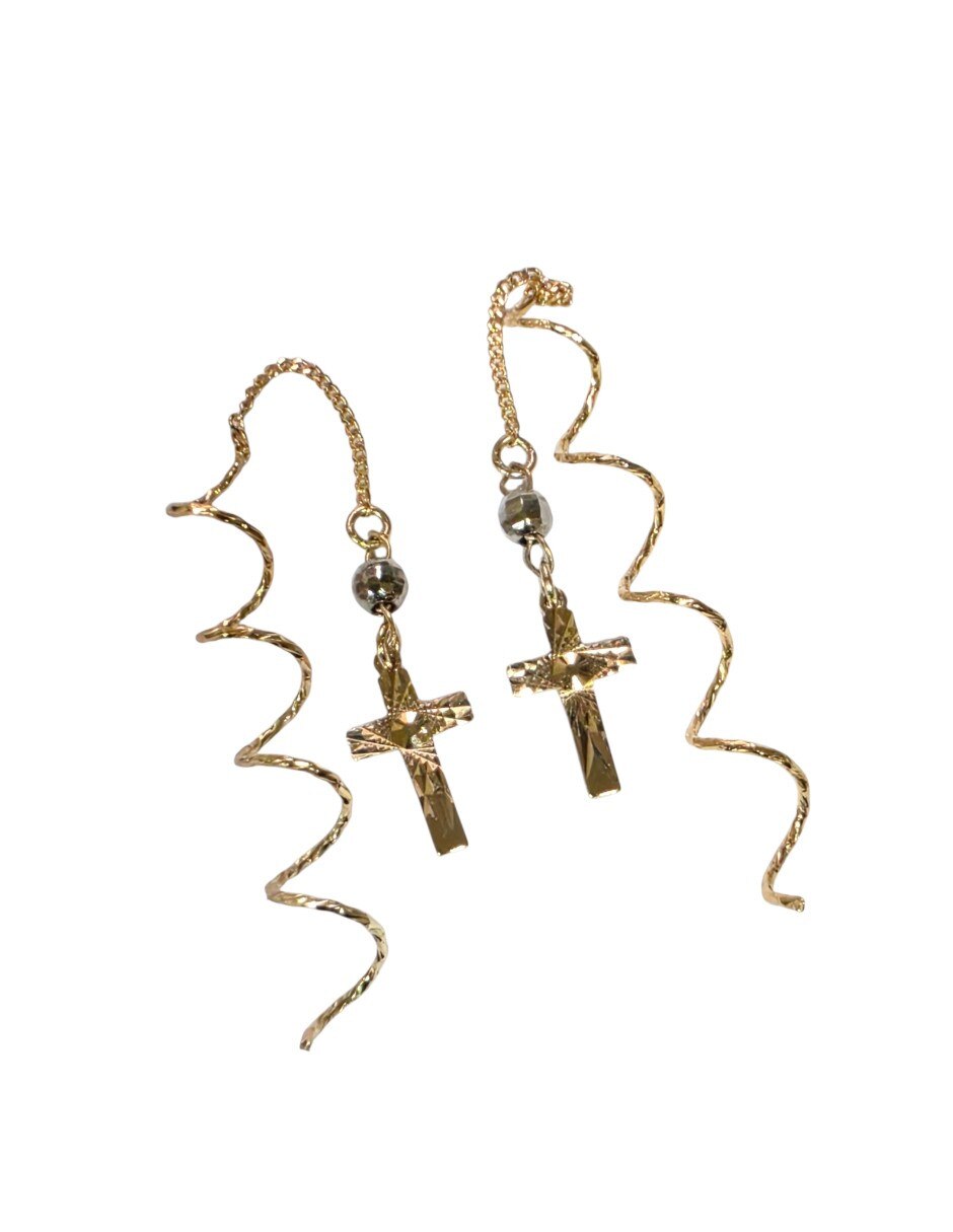 Aretes largos largos cruz de chapa de oro 14 k con acabado chapa de oro 3