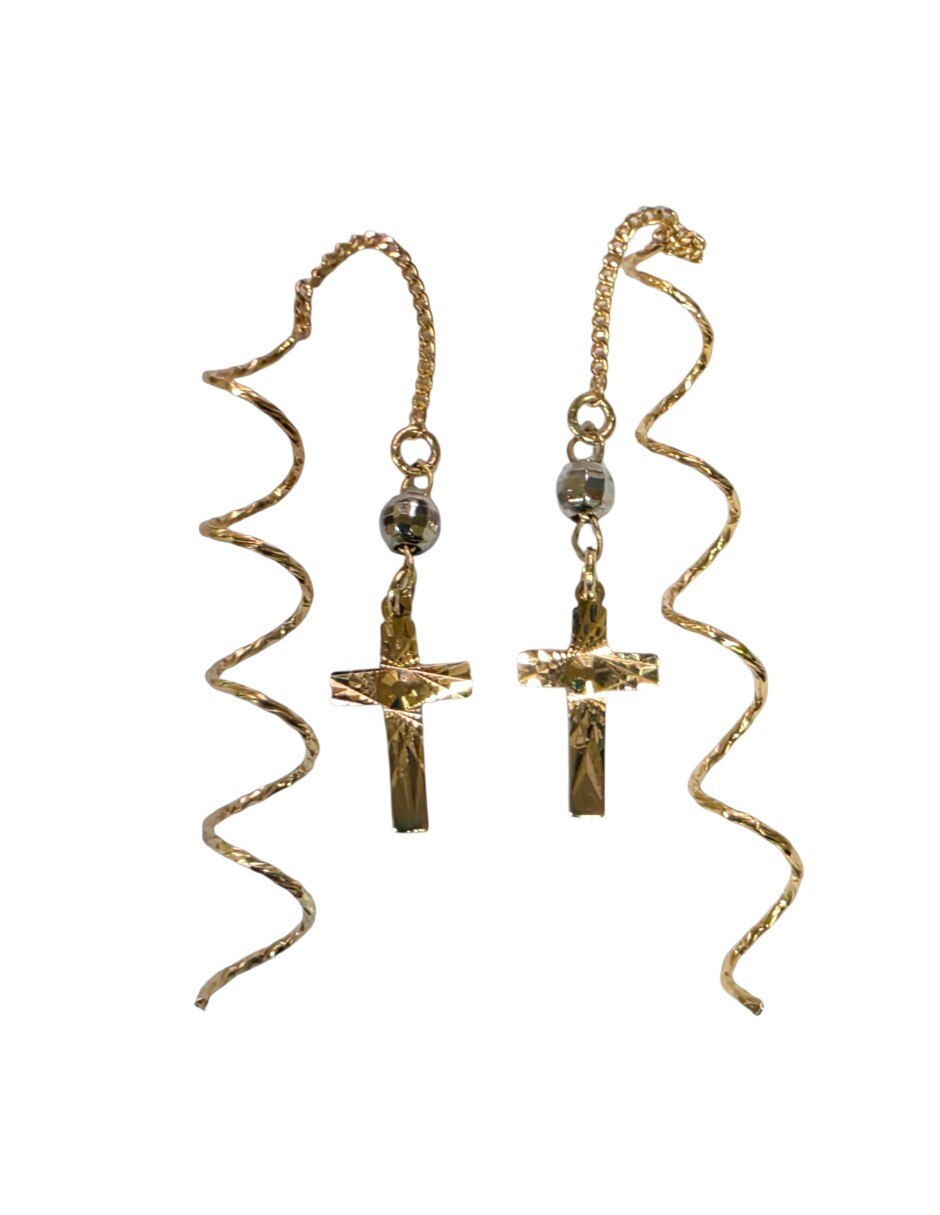 Aretes largos largos cruz de chapa de oro 14 k con acabado chapa de oro 4