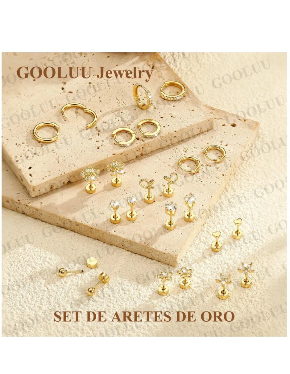 Set de aretes de friends genérica de acero inoxidable 14 k con acabado baño de oro 4