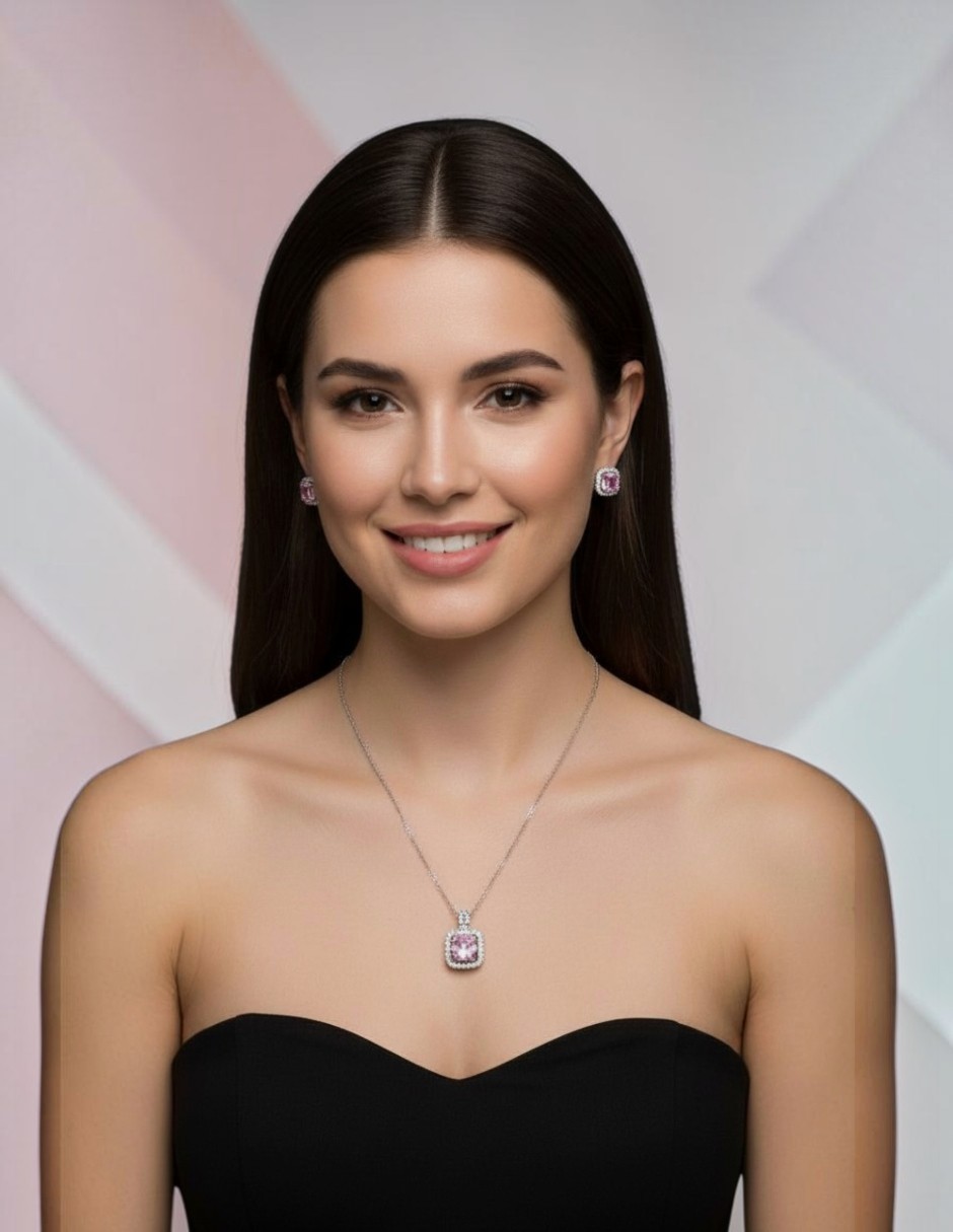 Aretes y collar cuadrado de acero inoxidable zirconia 2