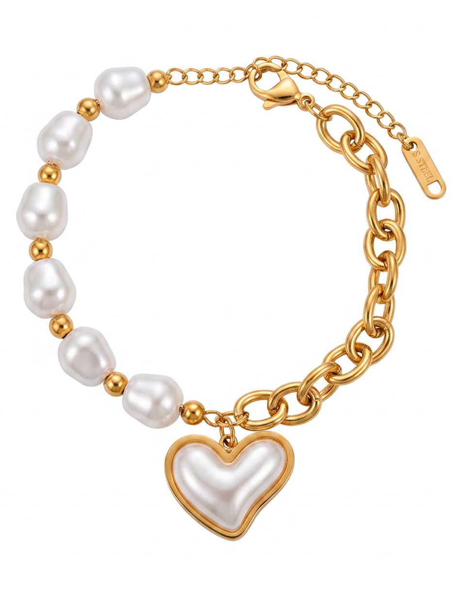 Pulsera y charms de acero inoxidable con perla 14 k pulsera corazón con perlas